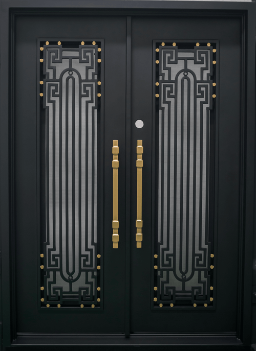 BEVERLY - Square top, frosted glass, wrought iron door, bug screens, 72x96-Right Hand - Luxe Iron Doors 