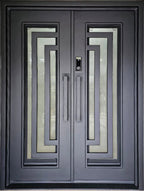 BLUEBELL- modern flat top front entry, tempered insulated glass, prehung, bug screens,wrought iron doors-72x96 Right Hand - Luxe Iron Doors 