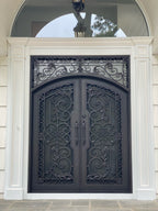 CARNATION- flat top transom, arch inside, prehung,double tempered glass,removable bug screens,  wrought iron doors-72x96 Right Hand - Door Gate Depot