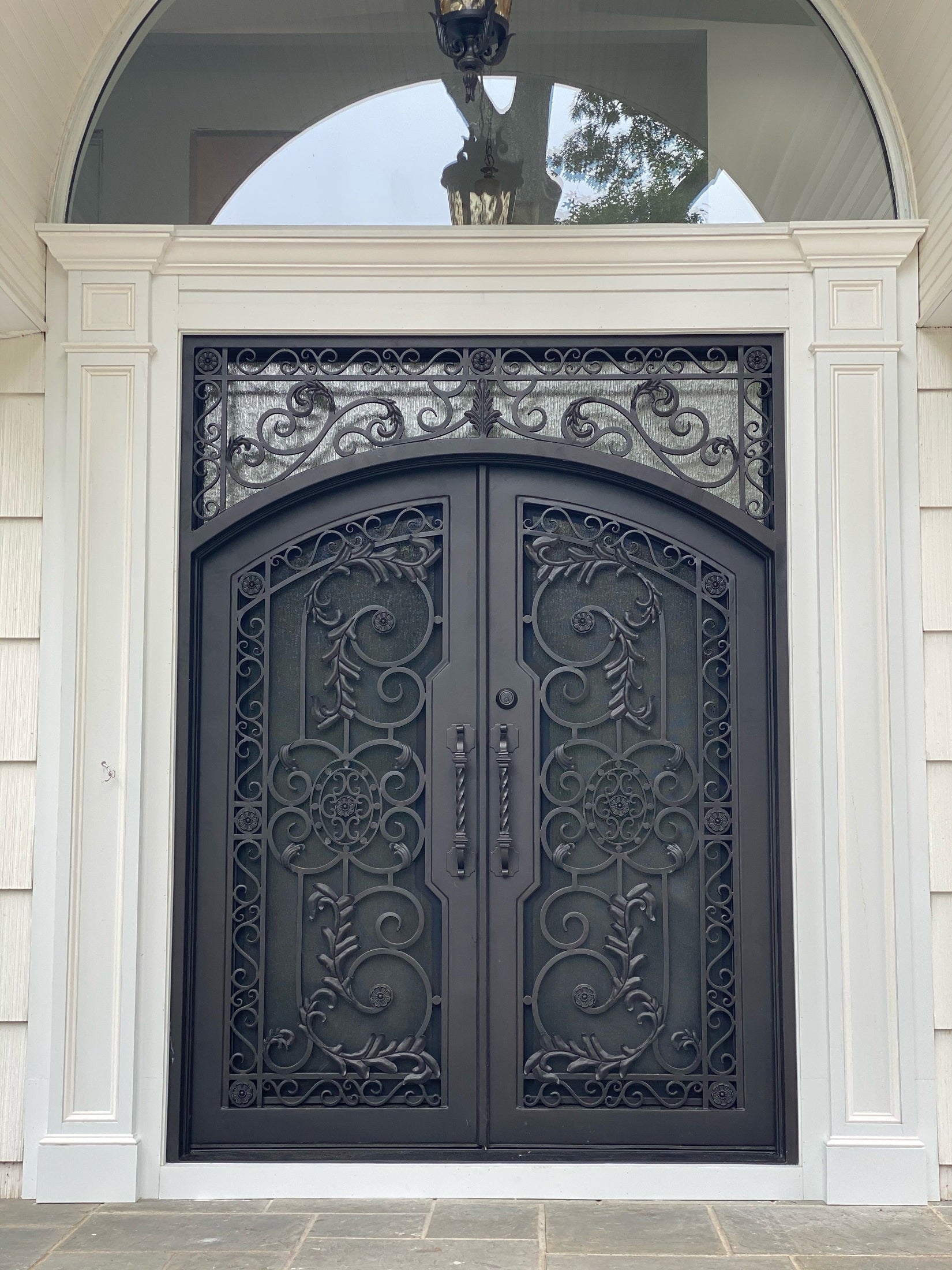 CARNATION- flat top transom, arch inside, prehung,double tempered glass,removable bug screens,  wrought iron doors-72x96 Right Hand - Door Gate Depot